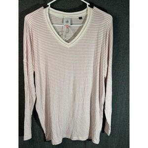 Cabi Striped V-Neck Long Sleeve Top Small Pink White Soft Knit Casual